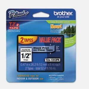 E-1 Brother Black-On-Clear Tape, TZe-1312-PK, Pack Of 2